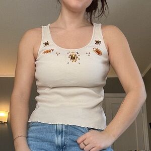 Y2K Nine West Cream Tank Top with Brown Beading